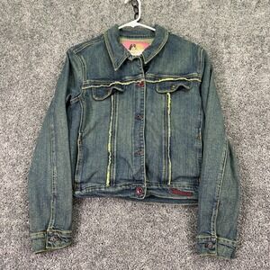 Vintage Fiorucci Jacket Womens Medium Blue Denim Floral Embroidered Pockets City